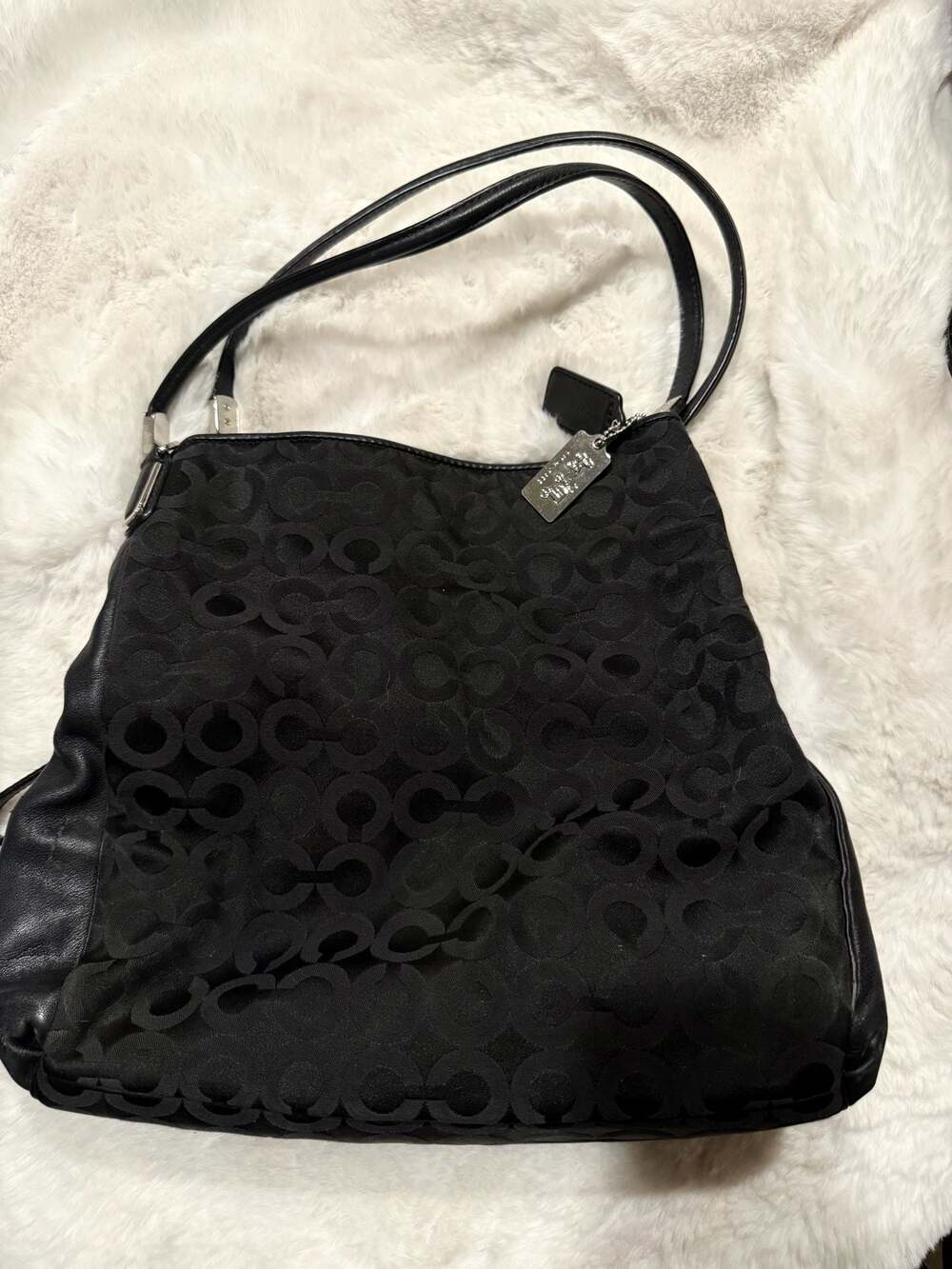Coach Signature Optic C Black Fabric and Leather Shoulder Bag